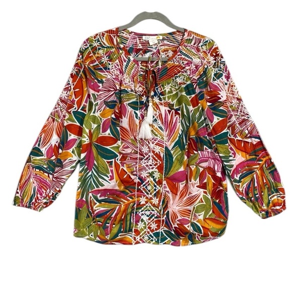 NWOT C&C California Floral Embroidered Blouse Sz M Multicolor Tassel Tropical - Picture 1 of 8